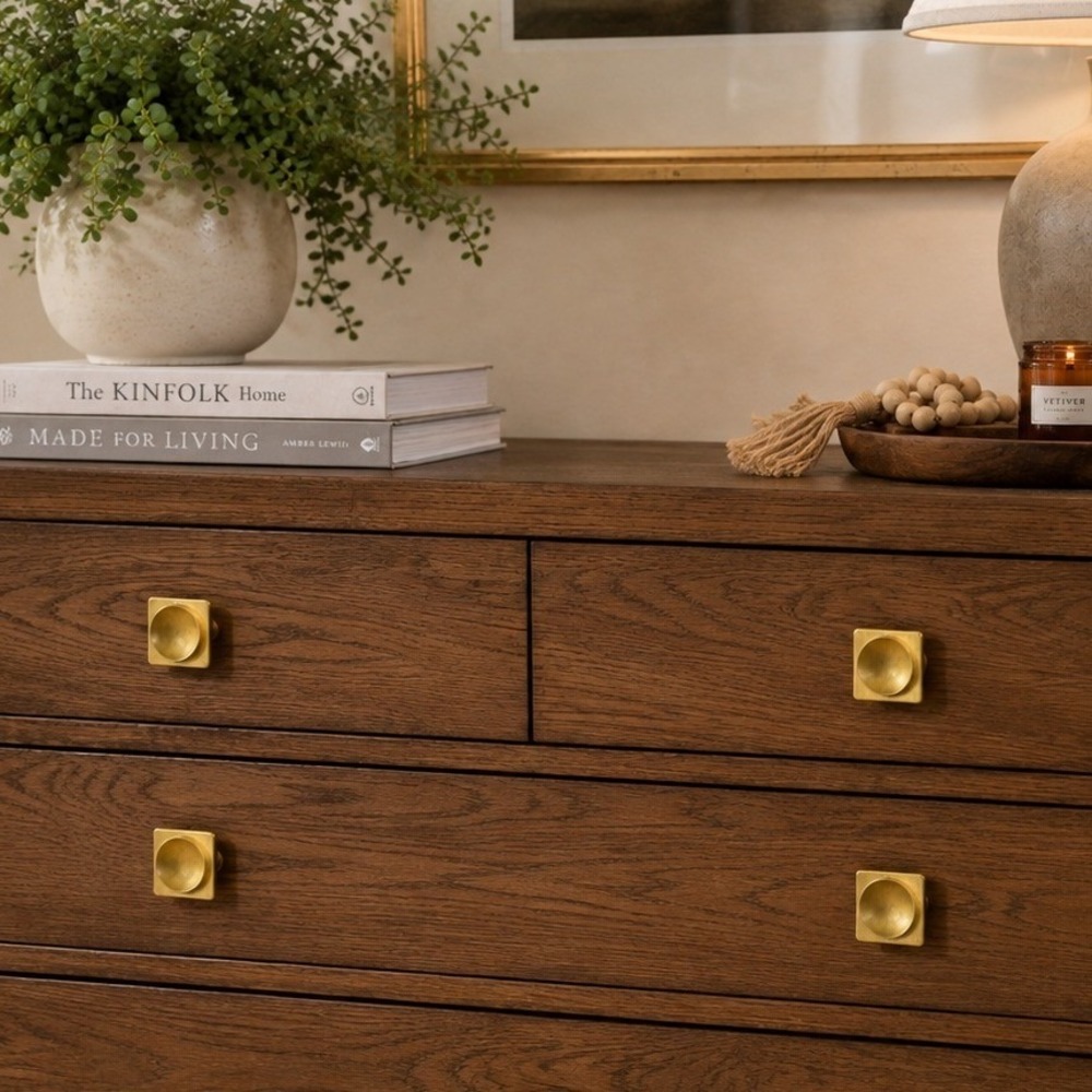 Vintage Gold Tone Metal Cabinet Knobs Square Concave Drawer Pulls Set of 4
